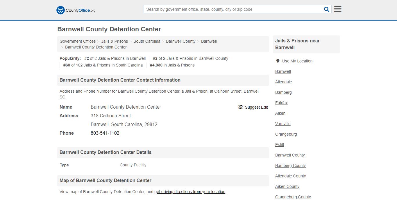 Barnwell County Detention Center - Barnwell, SC (Address and Phone)